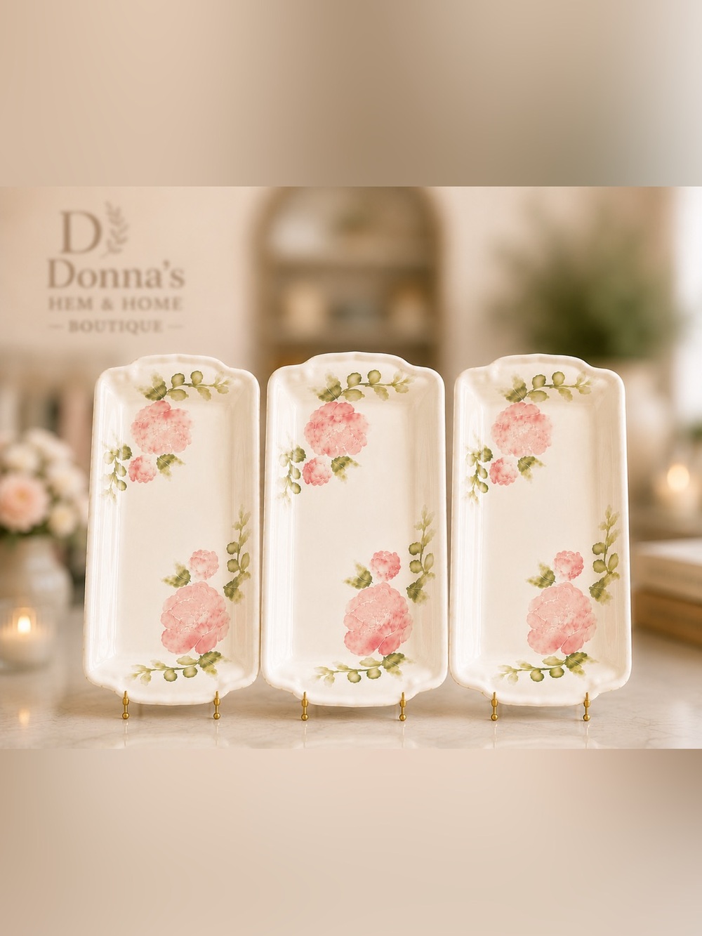 FARVAL Made in Portugal Hand Painted Pink Rose Oblong Ceramic Platters 3pc Set - Picture 1 of 6